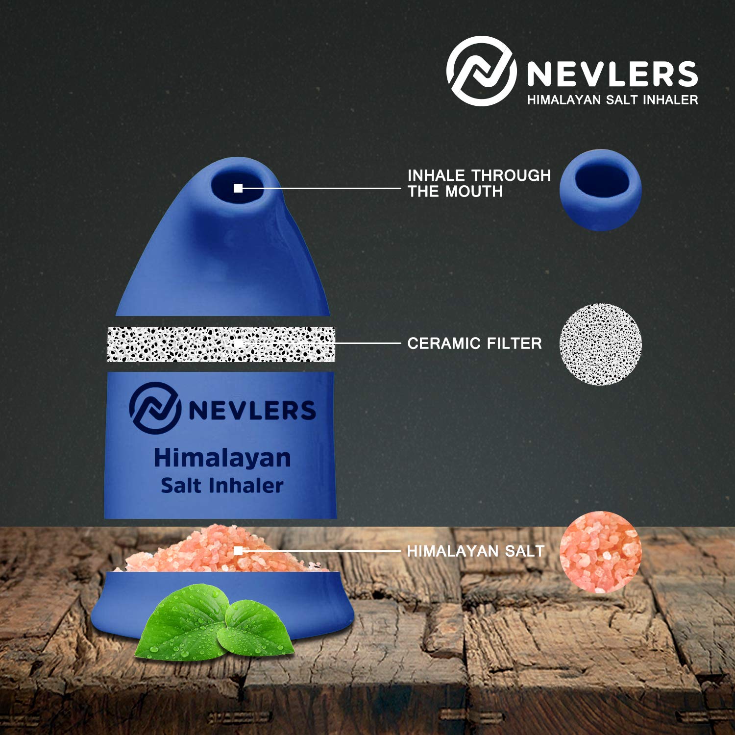 Nevlers Himalayan Salt Inhaler w/ 6 Oz Coarse Organic Himalayan Pink Salt |Cobalt Blue Ceramic Portable Salt Inhalers for Natural Asthma Relief |Homeopathic Inhalers for Breathing Problems for Adults