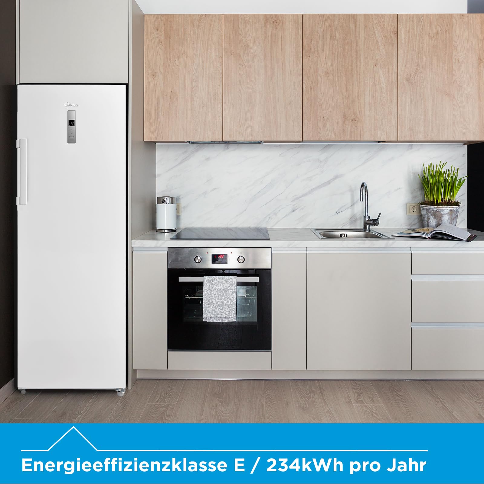 Midea MDRU333FZE01 Gefrierschrank/Kühlschrank/172,2 cm hoch/NoFrost/Flexible Kühl- und Gefrierfunktion/Superkühl/238L/Große Fächer/Zero Clearance/Easy Open Handgriff/Wechselbarer Türanschlag/Weiß 5