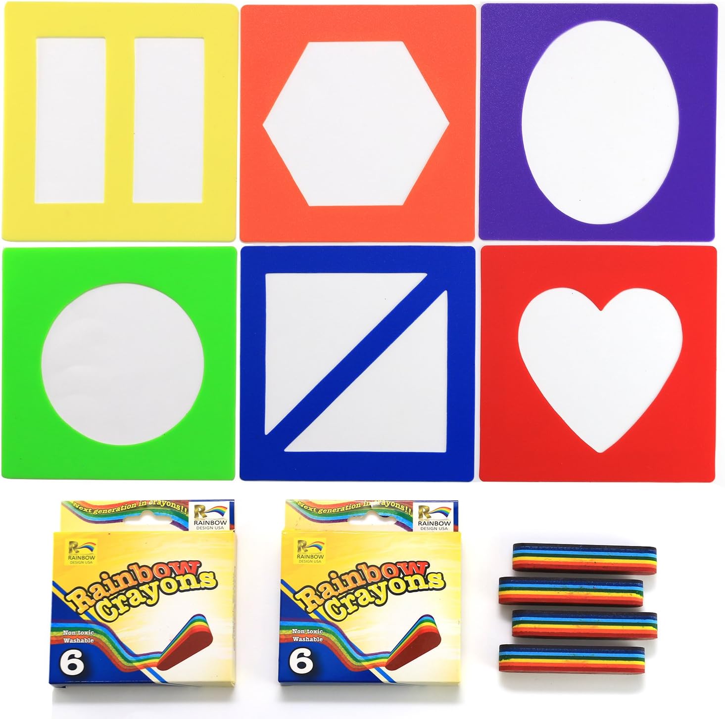 Crayon Stencil Set - 12 Rainbow Non-Toxic Crayons and 6 Coloring Stencils, Art & Craft Activity Kit for Kids