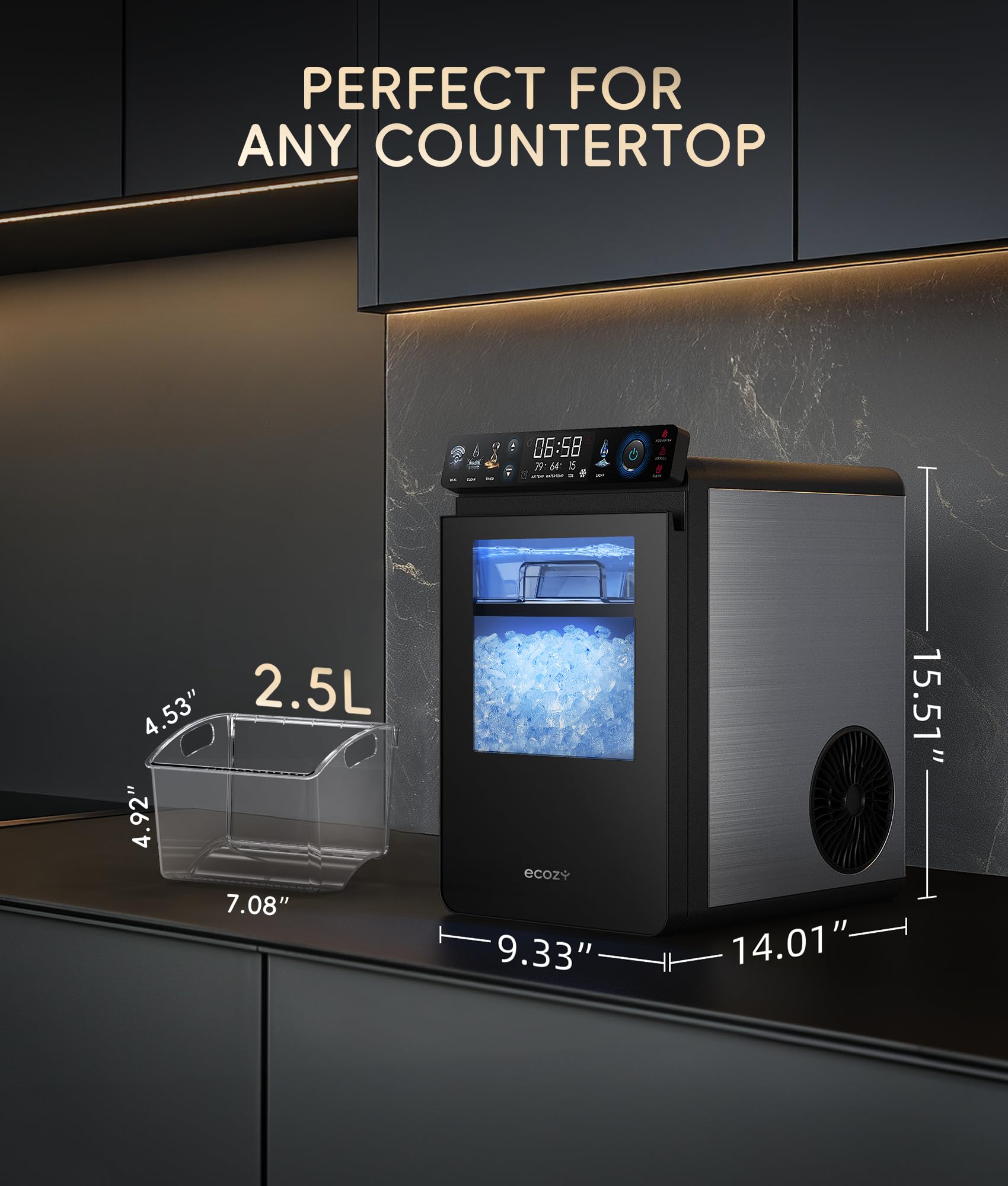 ecozy Nugget Ice Maker Countertop, Smart Pebble Ice Machine with APP Control, 44 lbs Per Day Soft Pellet Chewable Ice with Self-Cleaning, Stainless Steel