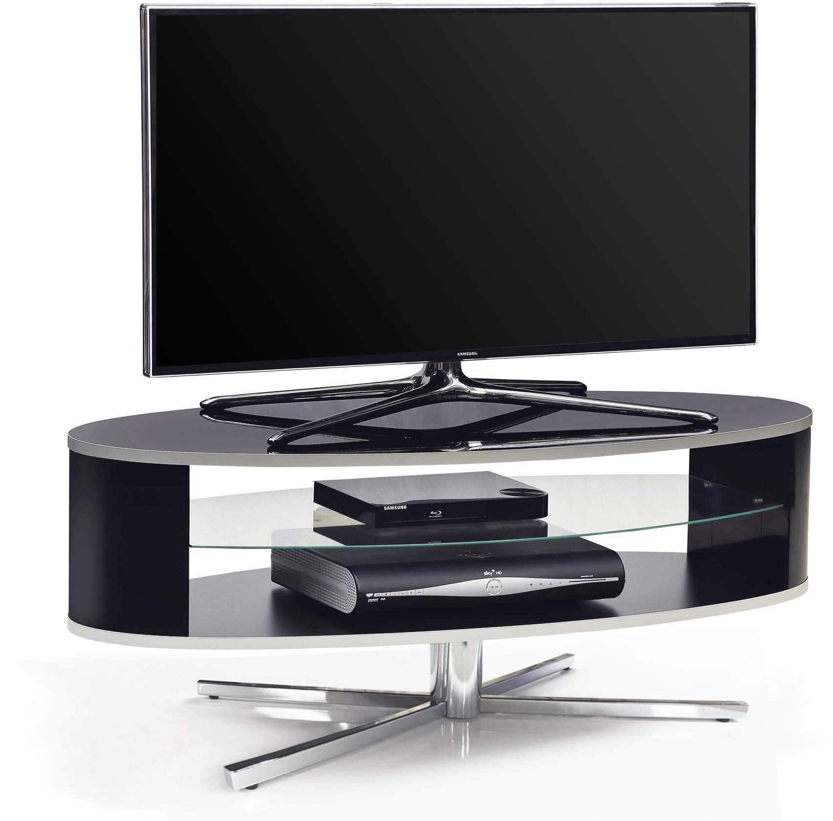 MDA Designs Orbit 1100BB Gloss Black TV Stand with Gloss Black Elliptic Sides for Flat Screen TVs up to 55"