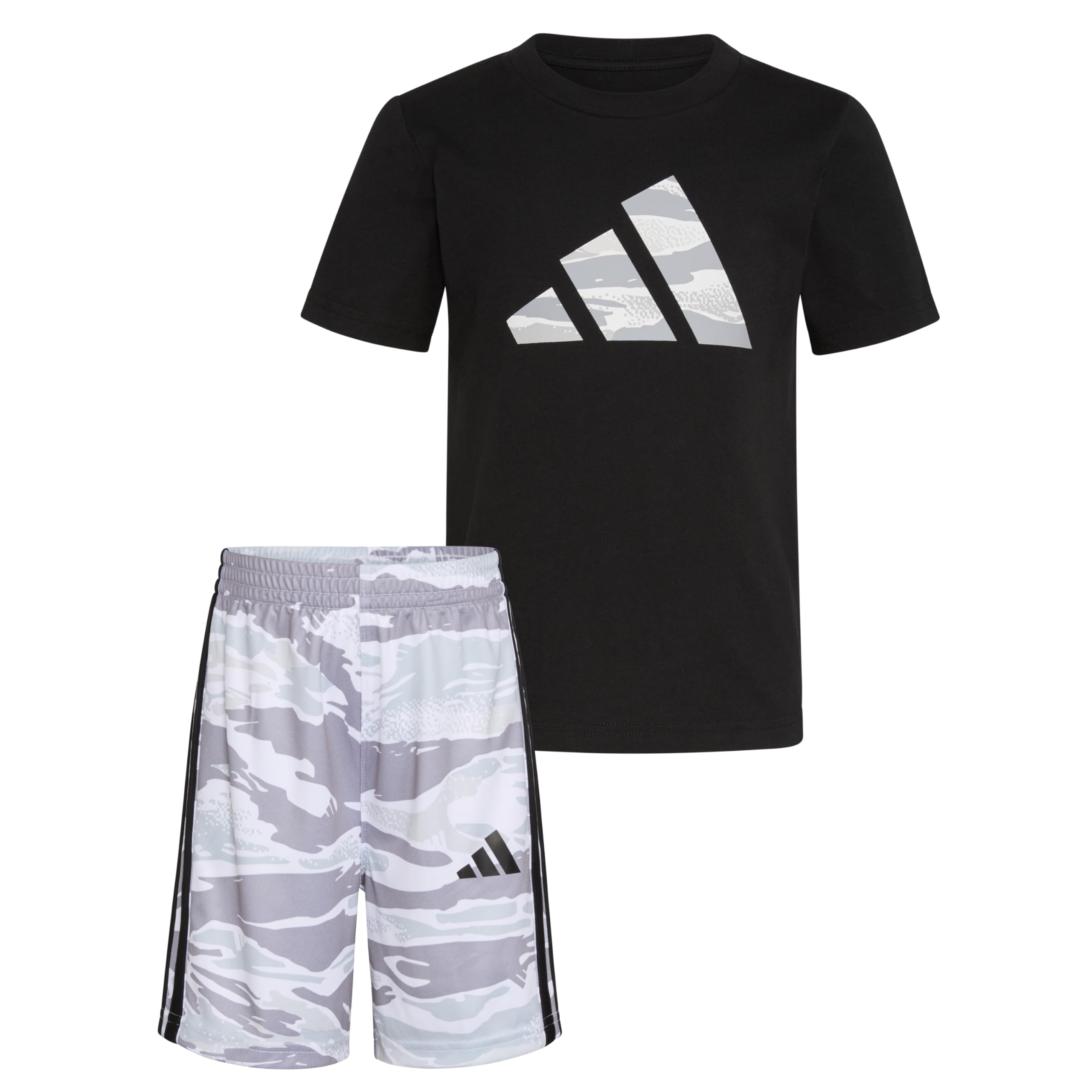 adidas Boys’ Short Sleeve Cotton Tee Shirt and AOP Camo Short Set, Black, 7