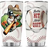 JENOIS Hustle Hit Baseball, Tumbler 20 Oz With Lid And Straw, For Fathers Cup Day Women Coffee Dad Tumblers, Baseball Gifts