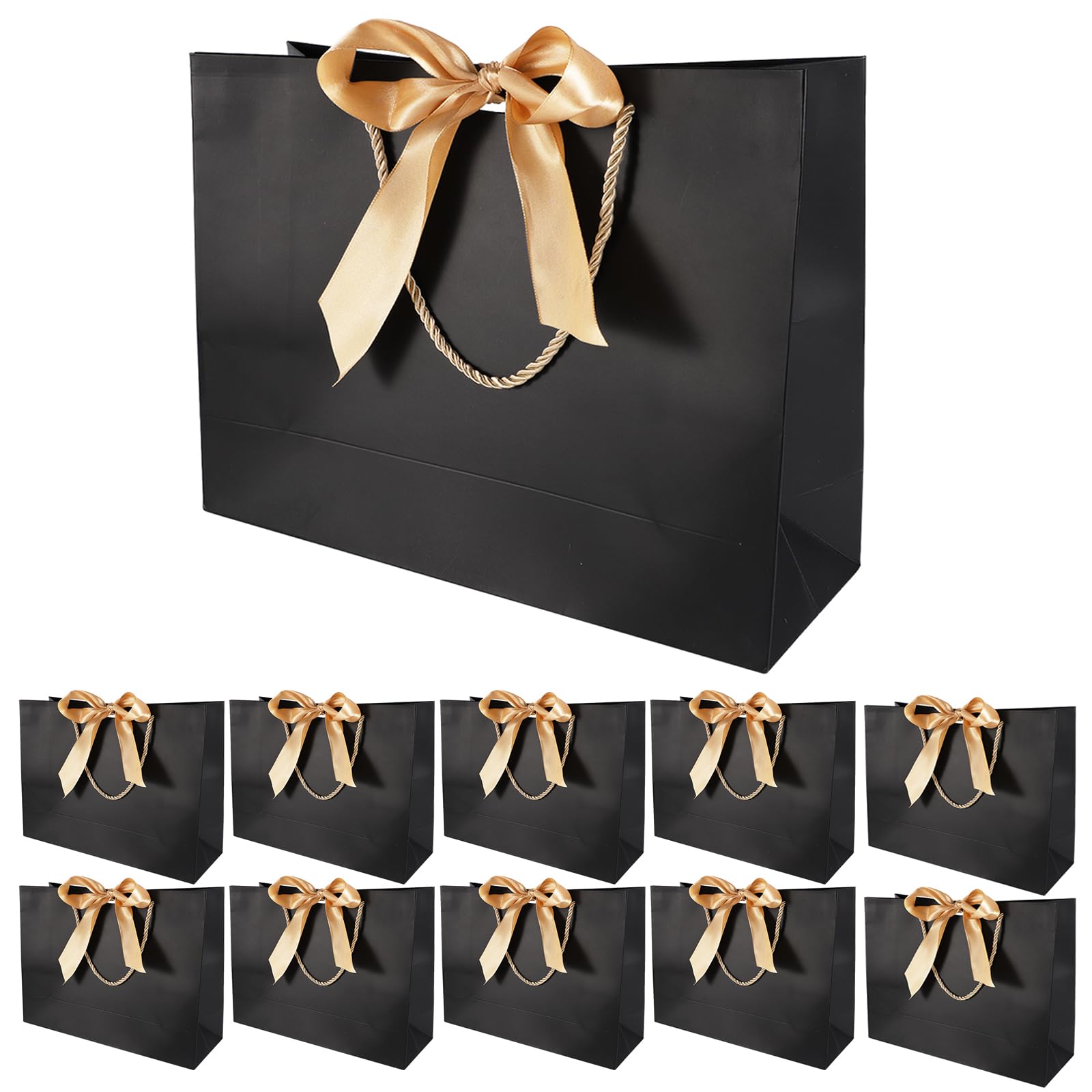 10 Pcs Black Gift Bags with Gold Bow Ribbon, Mother's Day Gift Bags Large for Wedding Graduation Birthday Party Celebration Present 13x9.8x4.3 Inches