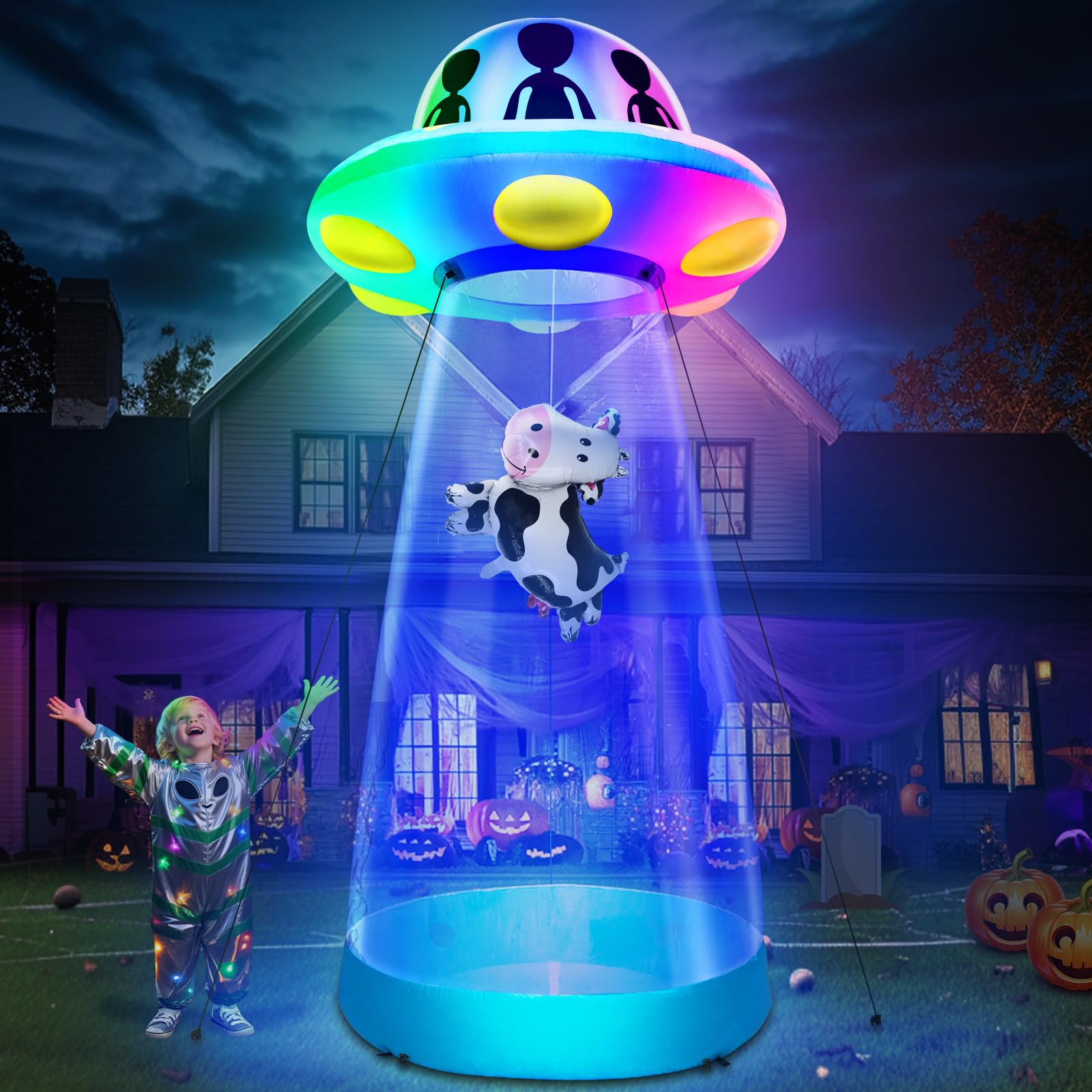 Photo 1 of [ 3 Colors Changing Light ] 10 Ft Tall Halloween Inflatable UFO Cow Abduction Decorations with Build-in LEDs Halloween Blow Up UFO for Halloween Decoration Outdoor Yard Garden Lawn Holiday Party Decor