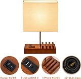 Briever Walnut USB Bedside Table Lamp with 3 USB Ports and Dock view 3