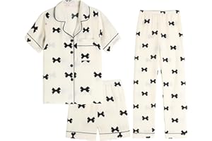 Hupohoi Big Girls Button Down Pajama Set 3pcs Short Sleeve Long Pants with Shorts Crepe Wrinkled Fabric Sleepwear Nighty