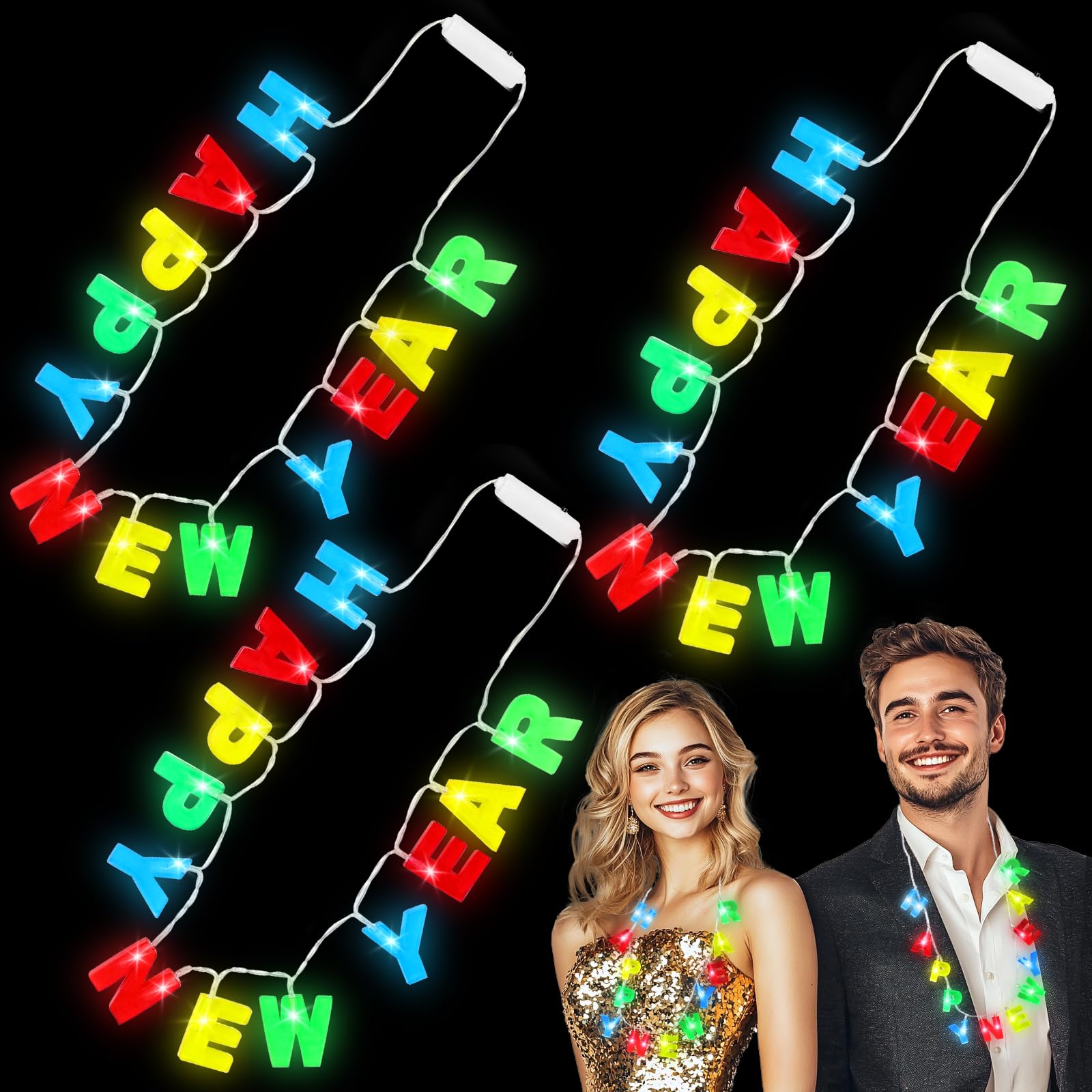 Photo 1 of 3 Pack  Happy New Years Necklaces New Years Eve Party Supplies for Kids Adult, Colorful Nye Necklaces with 14 Leds 3 Modes Glow In the Dark Party Accessories New Years Birthday Party Favors