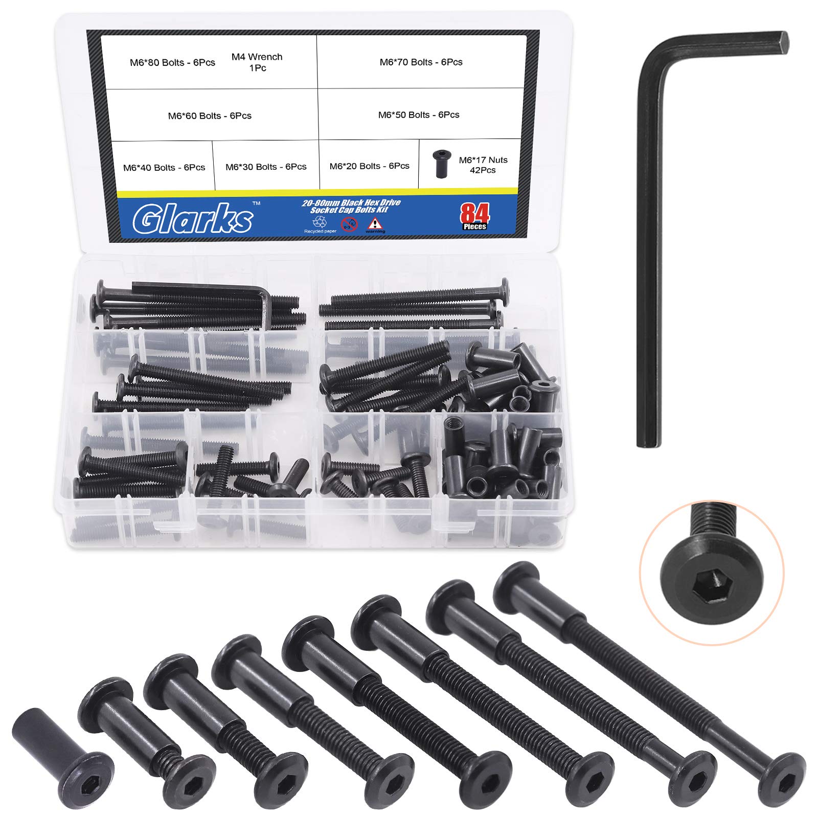 Glarks 85Pcs M6x20/ 30/40/ 50/60/ 70/ 80mm Black Hex Drive Socket Cap Bolts Kit, Allen Head Countsunk Furniture Crib Bolts Nuts Screws for Chair Table Cabinets