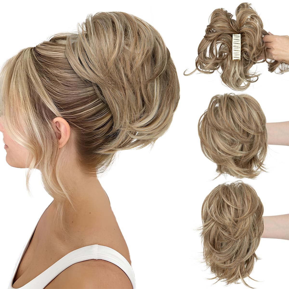 Photo 1 of CJL HAIR Claw Clip Short Ponytail Hair Extensions DIY Bendable Metals Messy Bun Hair Piece for Wonen Straight Synthetic Fake Hairpieces Beige Multi