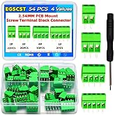 EGSCST 54PCS 2.54mm 0.1" Pitch PCB Mount Screw Terminal Block Connector Kit, 2P 3P 4P 5P Screw Terminals for Circuit Board Wire Connectors, 150V 6A, Compatible with DIY Boards, Includes Screwdriver