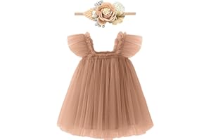 ANHDM Baby Girl First Birthday Outfit Cake Smash Short Sleeve Tulle Dresses 1st Birthday Dress with Flower Headband, Brown, 12 Months=Tag 90