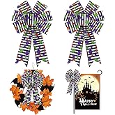 Hying 2 Pieces Halloween Bows for Wreath, Halloween Candy Wreath Bows Black White Burlap Bows Halloween Glitter Dots Stripes Bows Holiday Decorative Bows for Front Door Halloween Party Decorations