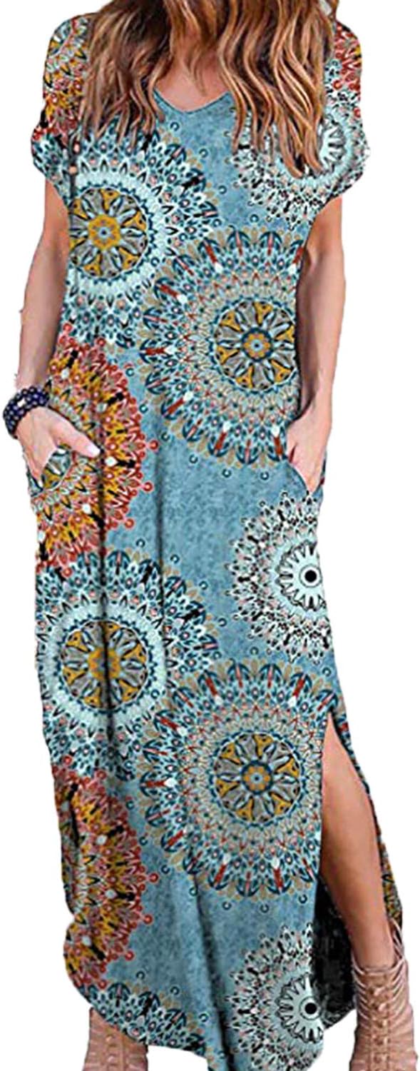 Women Maxi Dress Boho Floral Side Split Summer Long Dress Casual Loose Pockets Sundress Long/Short Sleeve Beach T-Shirt Dress