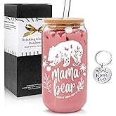 ANOTION Mama Bear Mug - Birthday Gifts for Mom Gag Gift Borosilicate Glass Cup with Lid and Straw Nana Mothers Gifts from Daughters Presents for Mom