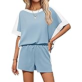Tankaneo Womens 2 Piece Summer Outfits Oversized Short Sleeve Tops and Shorts Matching Sets Color Block Lounge Set