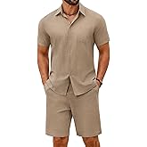 COOFANDY Men's 2 Piece Summer Outfits Short Sleeve Casual Beach Button Down Shirts and Shorts Vacation Cotton Sets