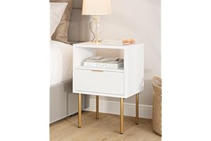Masupu Nightstand,Mid-Century Modern Bedside Table with Storage Drawer and Open Wood Shelf,Small Gold Frame Side Table for Bedroom,Living Room,White