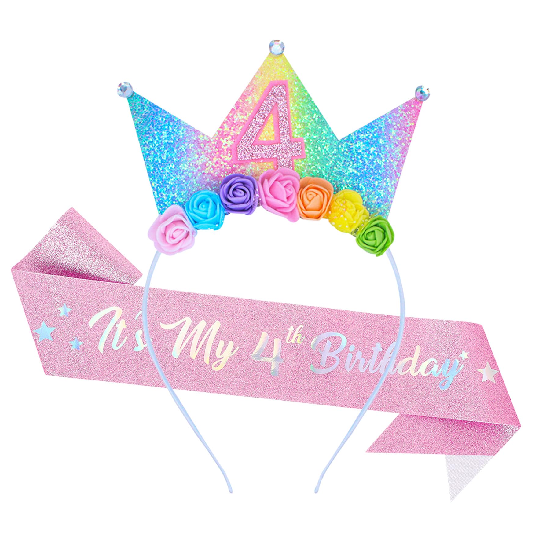 Dmnnlp 4th Birthday Headband & Glitter Sash Set, Sparkle Princess Crown Hairband, birthday decoration Gift for 4 Year Old Girl