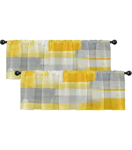 Yellow & Gray Abstract Art Window Valance - 54" X 18" Semi Sheer Rod Pocket Curtain, Light Filtering For Kitchen & Living Room