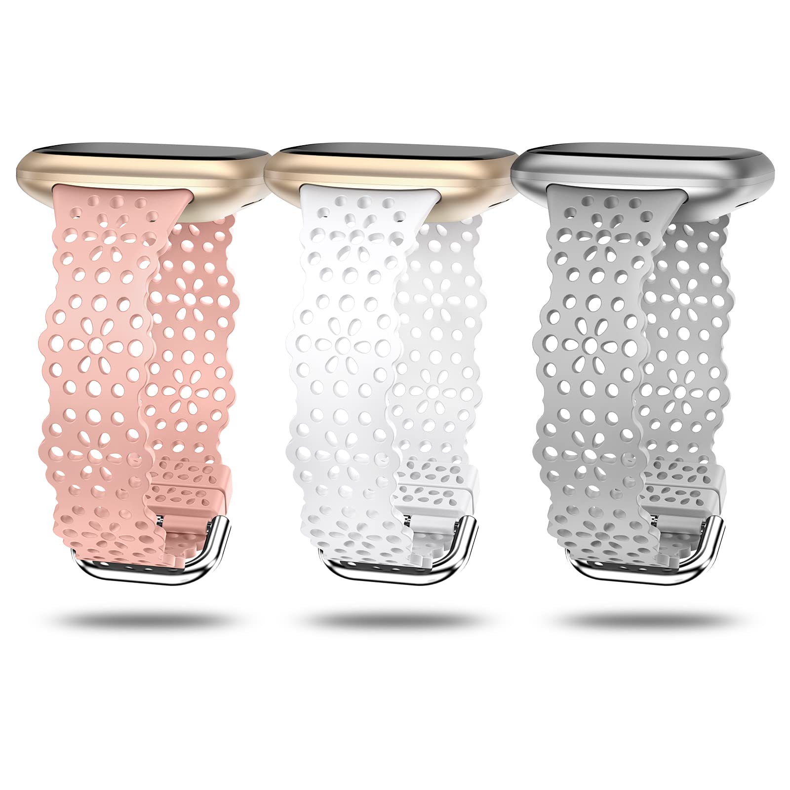 TOYOUTHS 3 Pack Lace Silicone Straps Compatible with Fitbit Versa 3/Sense/Versa 4/Sense 2, Women Slim Cute Hollow-Out Sport Replacement Strap, Breathable Waterproof Soft Straps, Pink+White+Grey