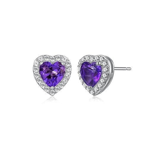 Amazon Essentials Sterling Silver Genuine African Amethyst and Created White Sapphire Halo Heart Stud Earrings