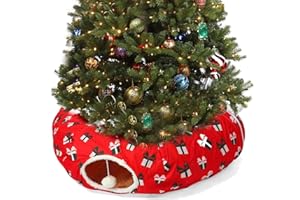 LUCKITTY Cat Tunnel Bed Under Christmas Tree 3FT x 3FT x 9.8IN - Decorative Christmas Style with Box Patterns - Red Color Perfect for Festive Felines Small Animals