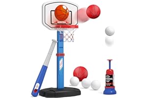 HYES 2 in 1 Kids Basketball Hoop and T Ball Set - Adjustable Height, Kids Baseball Tee with Automatic Pitching Machine, Indoor Outdoor Sport Toys Gifts for Toddler Boys Girls Age 1-5, Blue