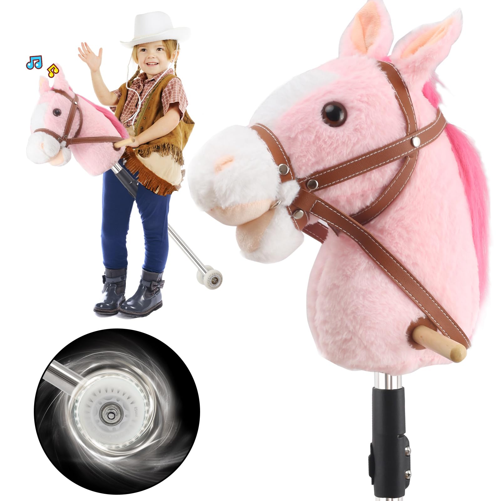 Hobby Horse on a Stick,30 to 50In Stick Horse for Kids 3-12 Years Plush Handcrafted Party Cowgirl Music Pink Pony Horse Toy with Illuminated Wheel Stainless Steels Soft Sponge Handle (Pink)