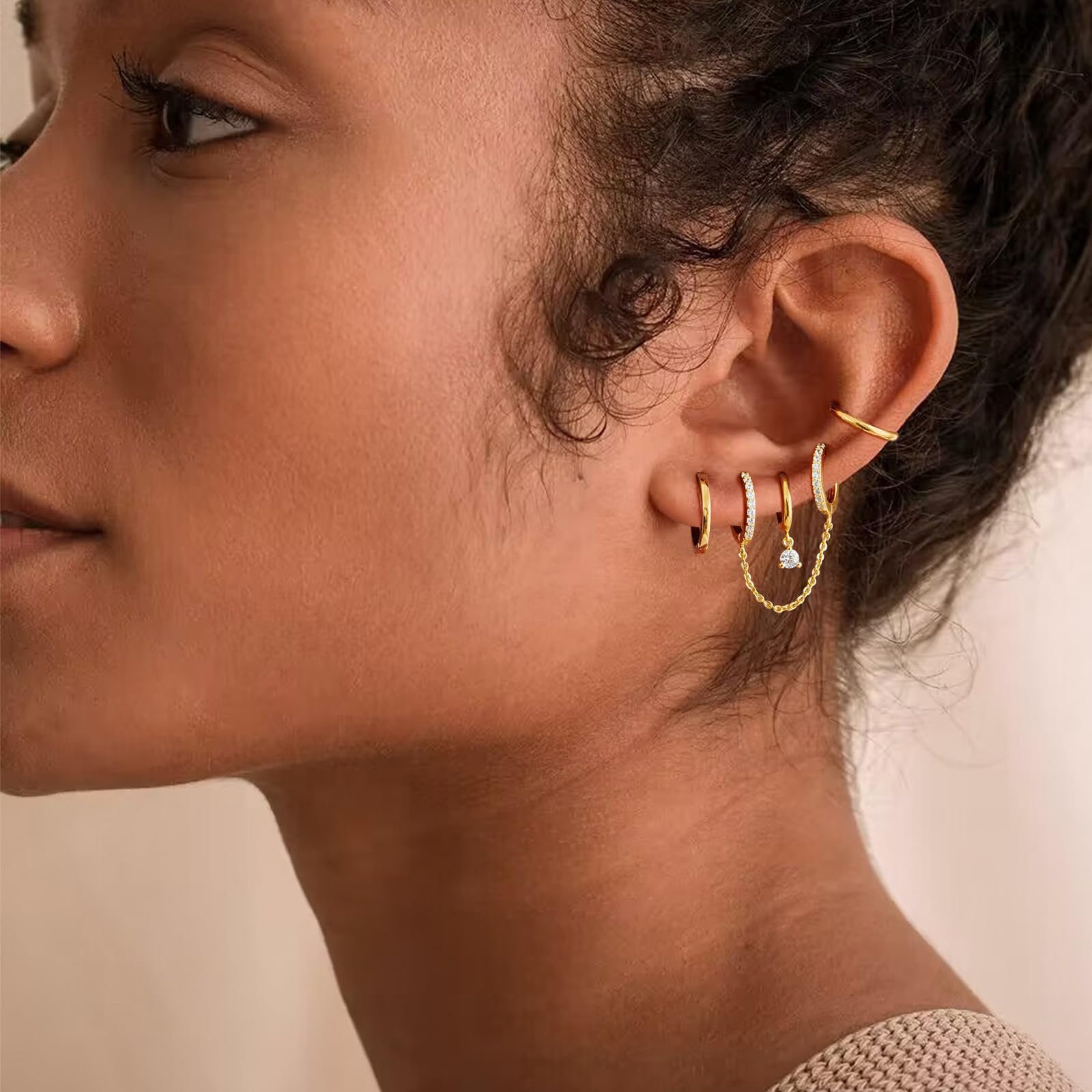 Gold Earrings Set for Women, 14K Gold Plated Stud and Cartilage Earring Sets for Multiple Piercing, Hypoallergenic Stackable Small Gold Huggie Hoop Earrings for Women Jewelry