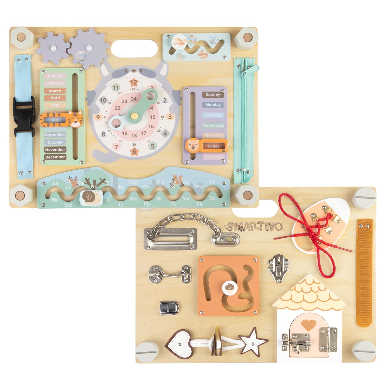 Smartwo Montessori Busy Board for Toddlers Large, Wooden Busy Board Double-Sided, Sensory Board, Activity Board for 3 4 Years Old, Fine Motor Skills Toys, Fidget Toys for Toddlers Autism, Kids Gifts