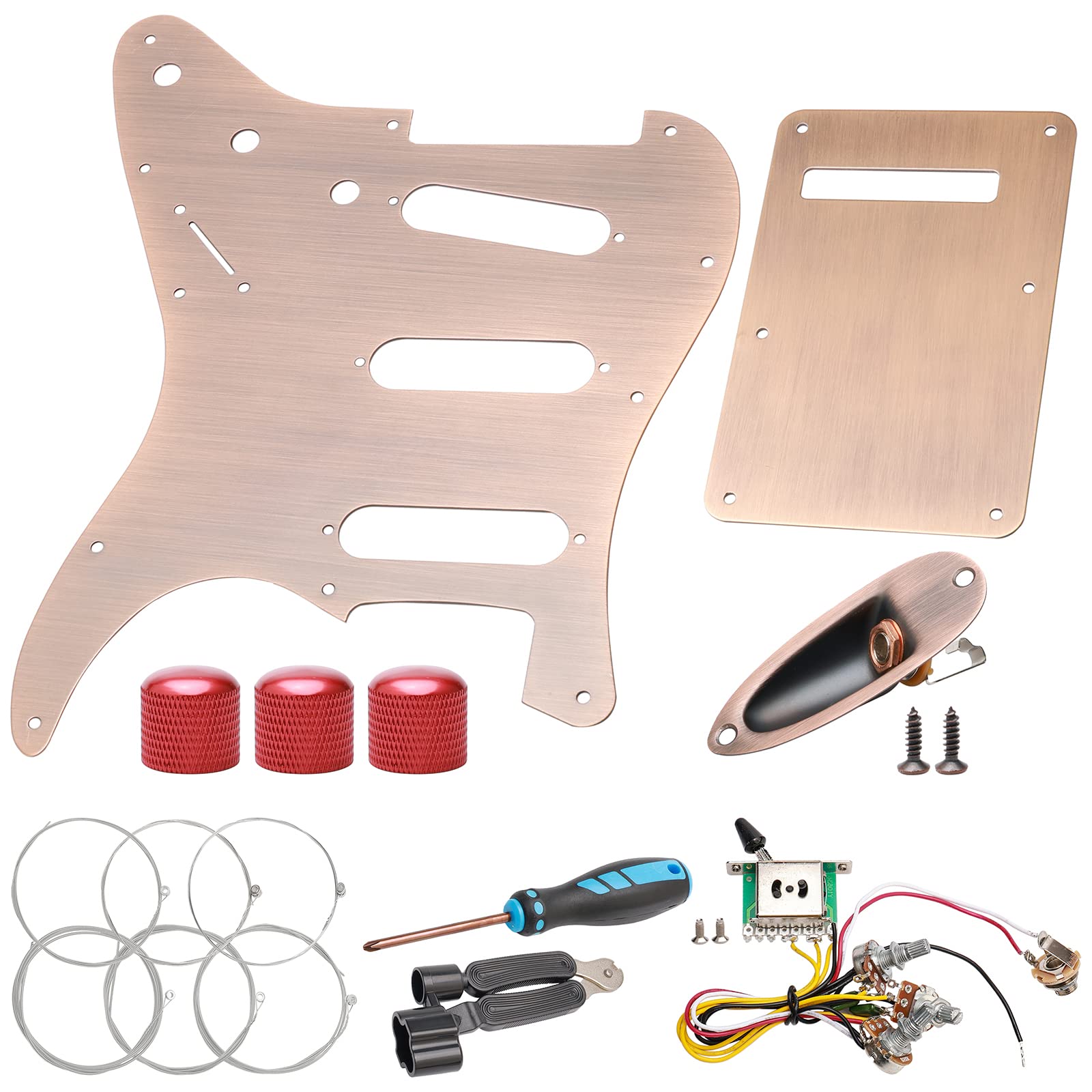 Unxuey SSS Guitar Pickguard and Back Plate Set with Guitar Wiring Harness, Potentiometer Knob, Strings, Screwdrivers, Guitar Jack Socket and Screws for Fender Stratocaster Guitar Parts