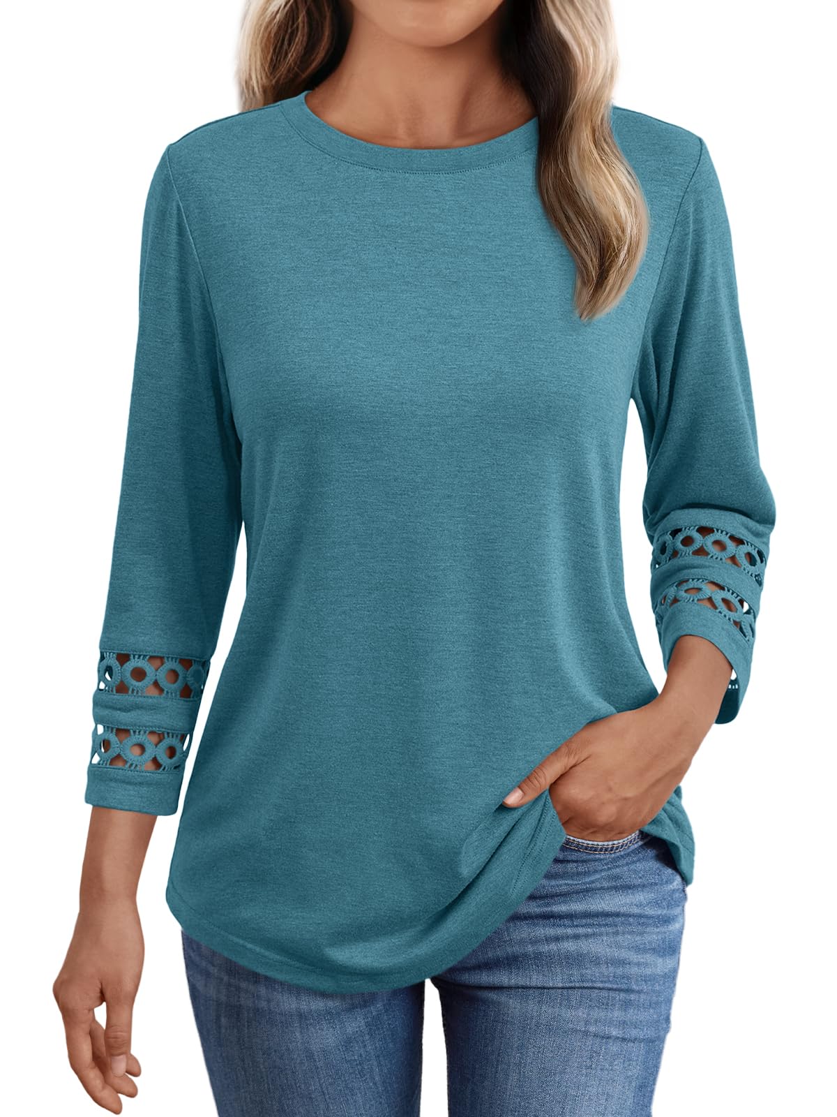 Photo 1 of AUTOMET 3/4 Length Sleeve Womens Tops Crewneck Lace Tunic Business Casual Dressy Blouses Fall Trendy Outfits 2025 Cyan - S