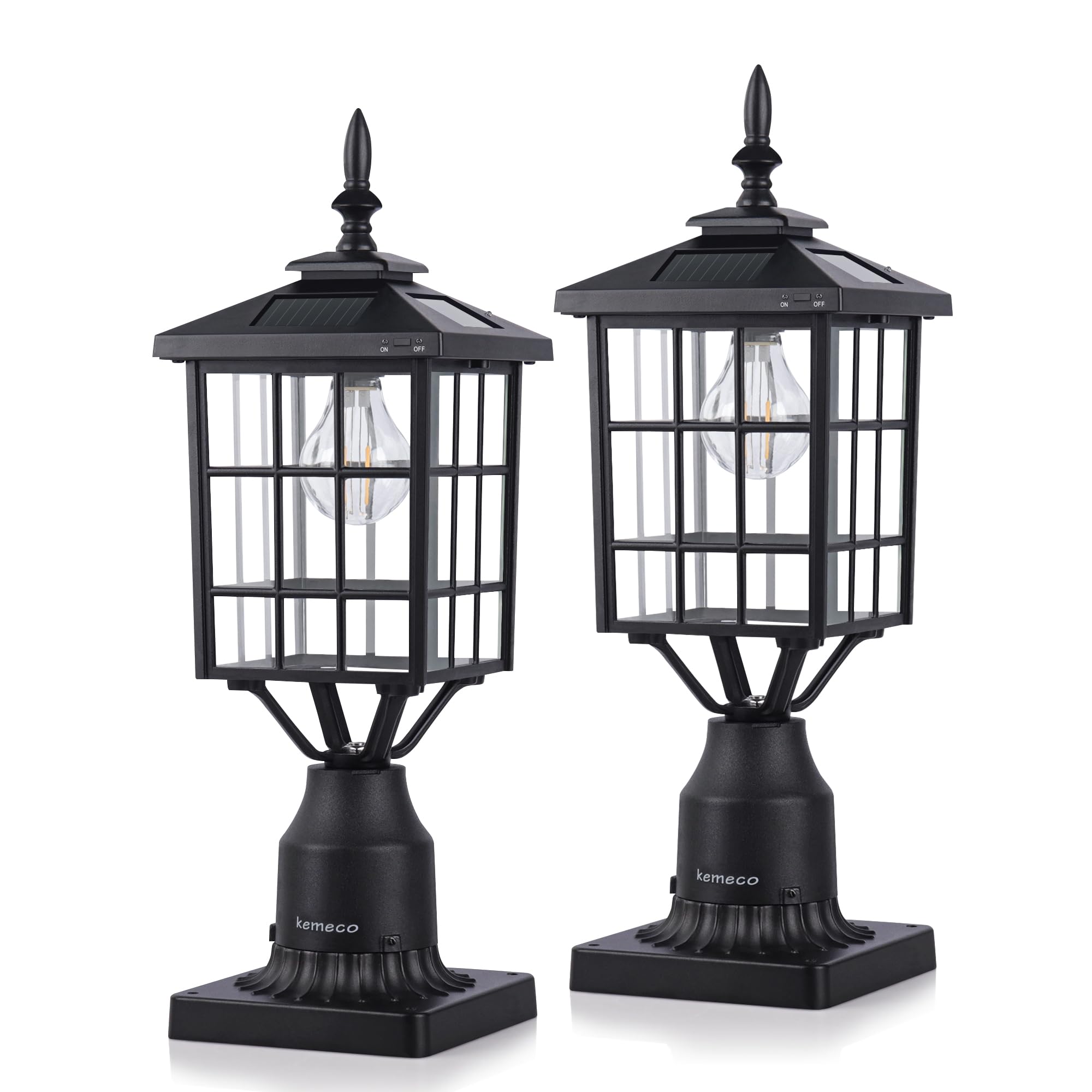 Photo 1 of Kemeco Outdoor Solar Post Lights with Pier Mount Base, ST4224Q 2 Pack Black Cast Aluminum Squared Waterproof Exterior Post Lamp Warm White LED for Yard Garden Pillar Pole Pathway