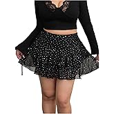 OYOANGLE Women's Plus Size Rhinestone Sparkly Layered Ruffle Sheer Mini Skirt Drawstring Side Party Going Out Skirts