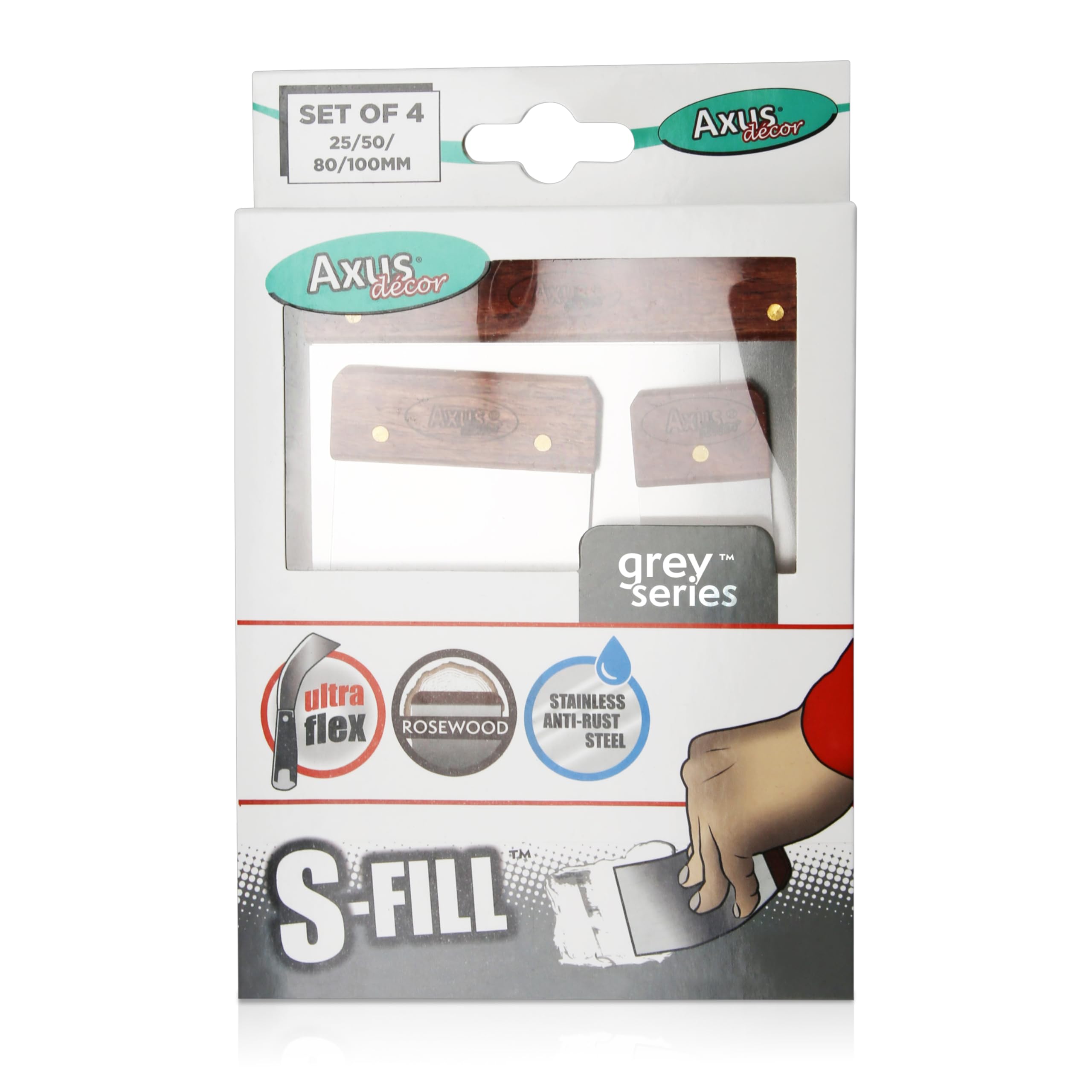 Axus Decor S-Fill Compact Filler Applicators (Grey Series) Stainless Steel Flexible Putty Knife Set for Professional & DIY Projects, Extra Thin Blade & Rosewood Handle - 25mm, 50mm, 80mm, 100mm