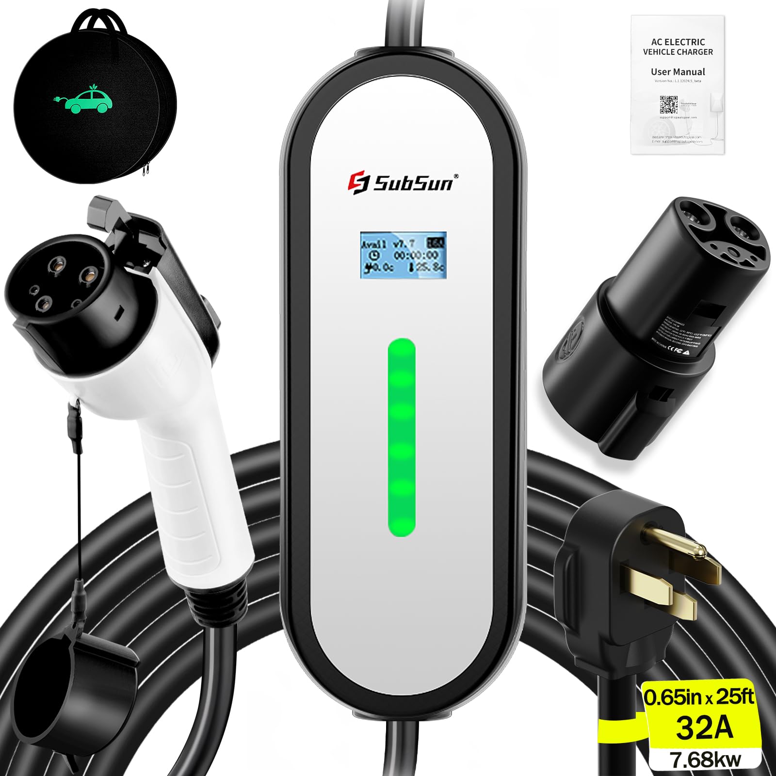 Photo 1 of SubSun Universal Portable Level 2 EV Charger 32Amp 240V Electric Car Charger for All North American EVs Includes J1772 and Tesla, 25FT EV Charging Cable with NEMA 14-50 Plug (with Tesla Adapter)