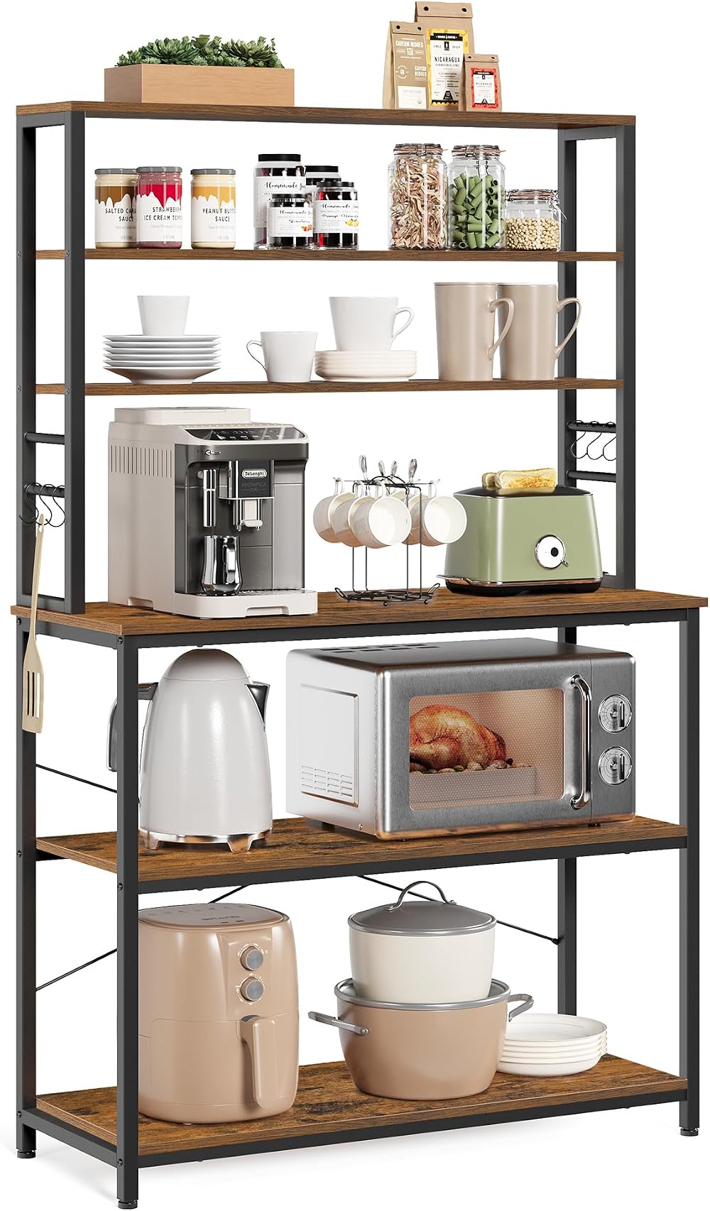 VASAGLE Kitchen Storage Rack 6 Tier 6 Hooks Rustic Brown Ink Black KKS039K01