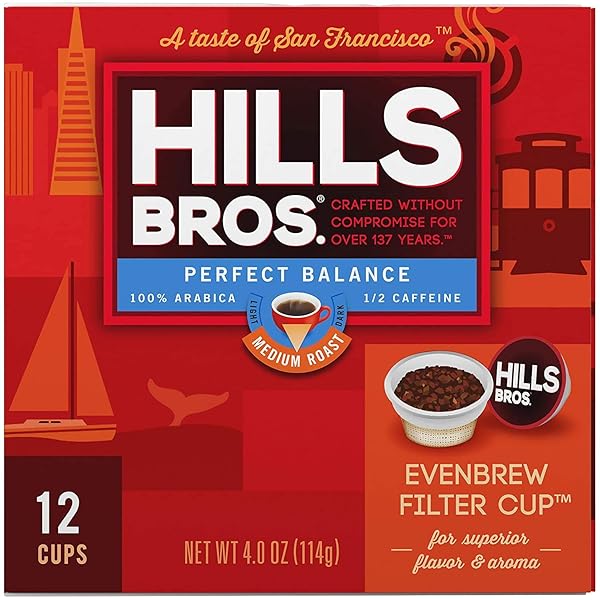 HILLS BROS SINGLE SERVE COFFEE PODS, PERFECT BALANCE, MEDIUM ROAST COFFEE, 12 COUNT-KEURIG COMPATIBLE, ROASTED ARABICA COFFEE BEANS, LESS CAFFEINE, FULL-BODY FLAVOR