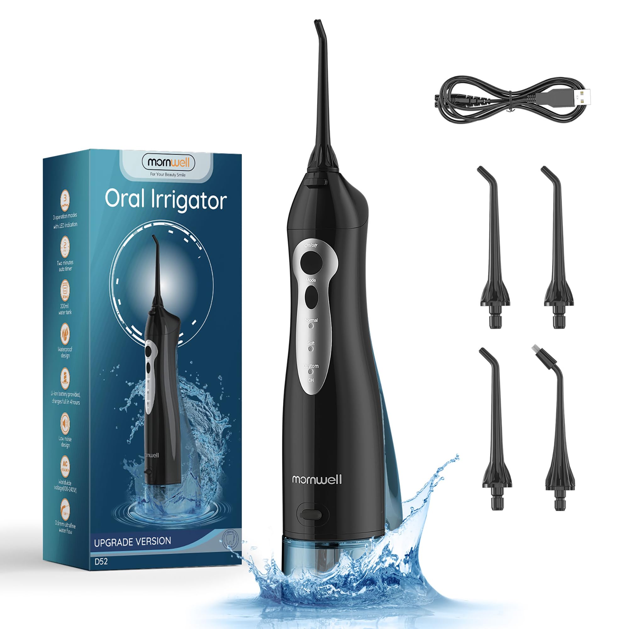 Photo 1 of Mornwell Water Dental Flosser Teeth Pick for Teeth, Portable Cordless Water Flossers Oral Irrigator with 10 Intensity 4 Jet Rechargeable IPX7 Waterproof Water Tank Flosser Electric Travel (Black D)