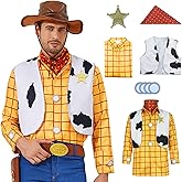 EDAUWAE Woody Costume Shirt for Men Cowboys Woody Vest Halloween Cosplay Button Down Plaid Shirt for Adult