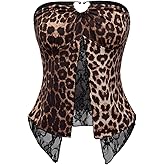 Milumia Women's Y2k Leopard Print Tube Top Contrast Lace Sheer Party Bandeau Tops