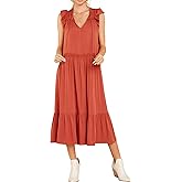R.Vivimos Womens Summer Cotton Sleeveless Casual Boho V-Neck Ruffles Flowy Midi Dresses