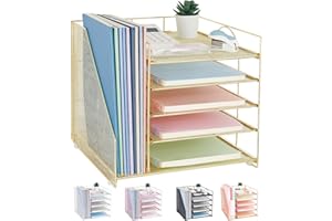 LEKETREE Desk Organizers and Accessories, 5-Tier Paper Letter Tray Organizer with File Holder, Office Supplies for Women, Desk Accessories & Workspace Organizers (Gold)