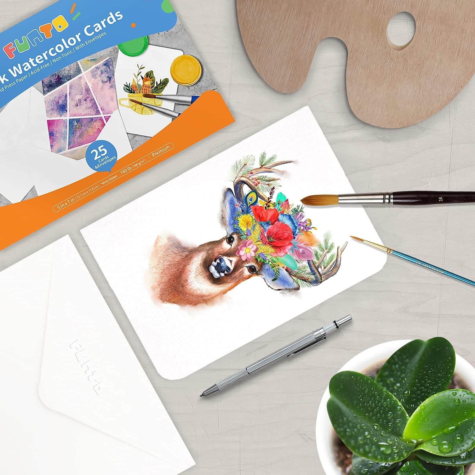 Funto Blank Watercolor Cards and Envelopes, 50 Cards, 5x7'', 140lb/300gsm, White, Acid-Free, Heavyweight Paper for all Occasions