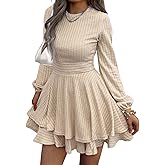 Evzeiem Womens Long Sleeve Knit Dress Casual Lantern Sleeve Crewneck Ruffle Short Flare A-Line Mini Sweater Dress
