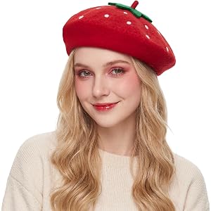 Coume Strawberry Beret for Women, Wool Felt French Beret | Cute Strawberry Design in Soft Wool Felt for Halloween, Cosplay, C