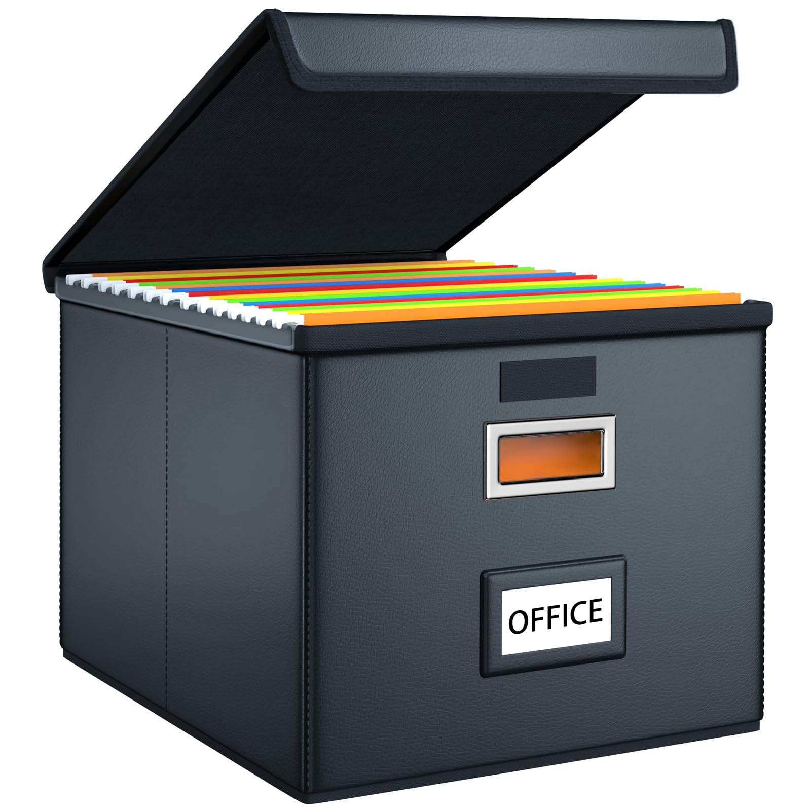 Finew Upgraded Portable File Boxes, Leather File Boxes with Plastic Slide, File Storage Box with Lid for Folder Organiser, Foldable Linen Hanging Document Storage Box (Black)