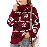 Haloumoning Girls Christmas Sweaters Kids Mock Neck Long Sleeve Pullover Sweater Knit Jumper Tops 5-14 Years