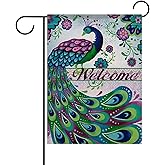 Dyrenson Welcome Spring Summer Peacock Decorative Garden Flag, Daisy Pansy Flower Green Yard Outside Home Decorations, Seasonal Burlap Outdoor Small Decor Double Sided 12 x 18